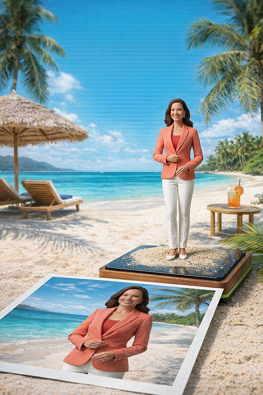 Personalisierte Mini-Me Figur aus Foto als Reiseerinnerung vor tropischer Strandkulisse