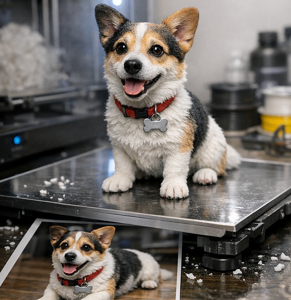 Personalisierte 3D Haustierfigur eines Corgis mit passendem Foto als Vorlage