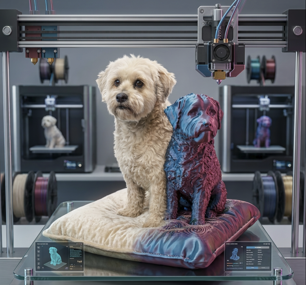 Hund und passende 3D Figur in einer 3D-Druck-Umgebung