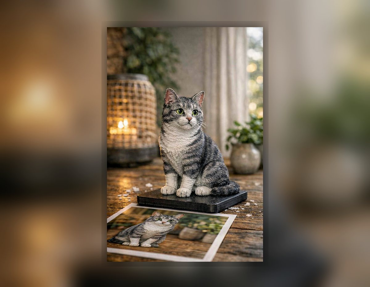 Personalisierte 3D Katzenfigur als Erinnerungsstück mit Fotovorlage im Vordergrund
