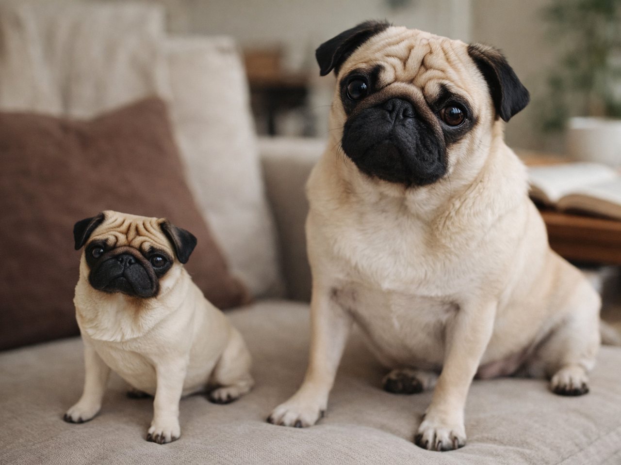 Personalisierte 3D Figur eines Mops neben dem echten Hund auf einem Sofa
